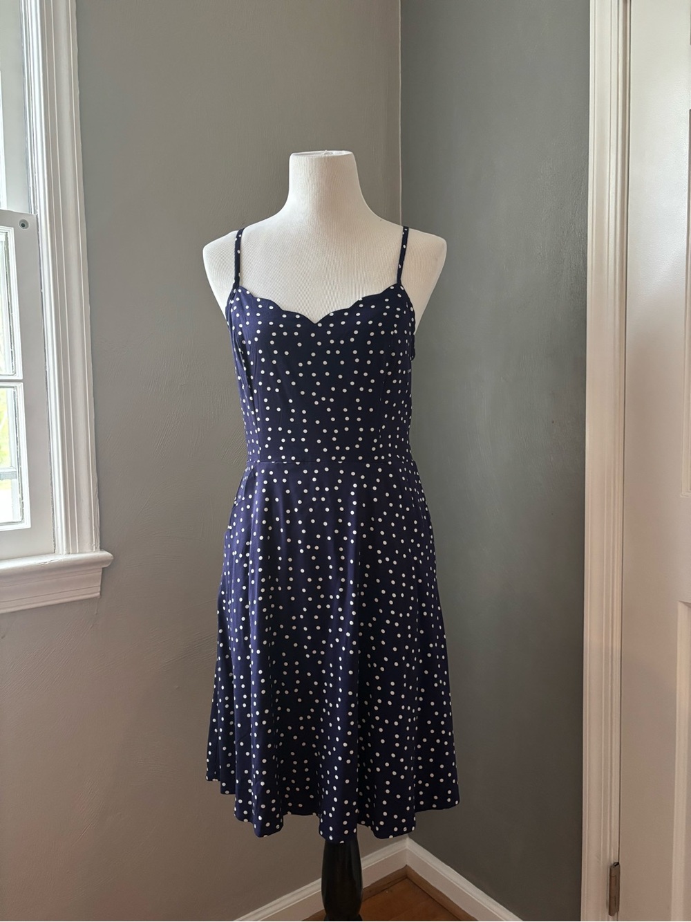 Navy Polka Dot Sundress with Scalloped Sweetheart Neckline